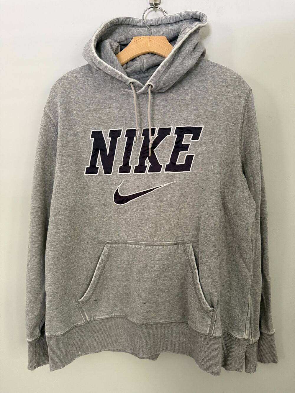 Nike men’s grey hoodie sweatshirt with blue satiny letters, large, y2k style